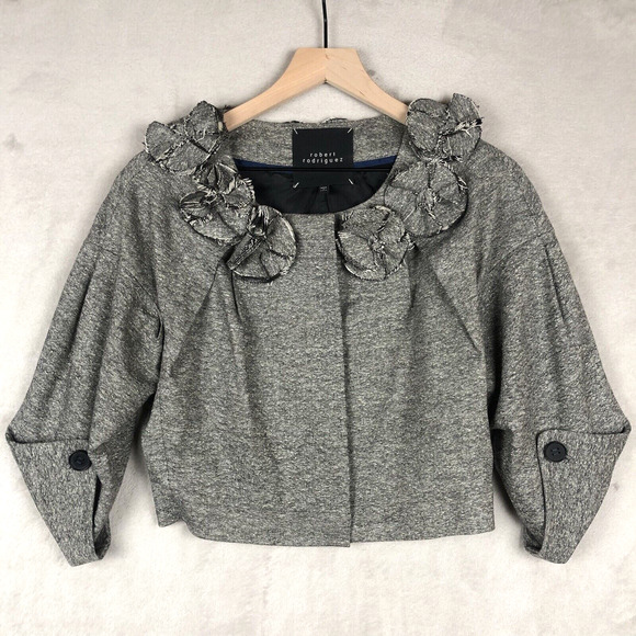ROBERT RODRIGUEZ Wool Silk Blend Rosette Jacket‎ Women’s Sz 6 Black Cropped - Picture 1 of 13